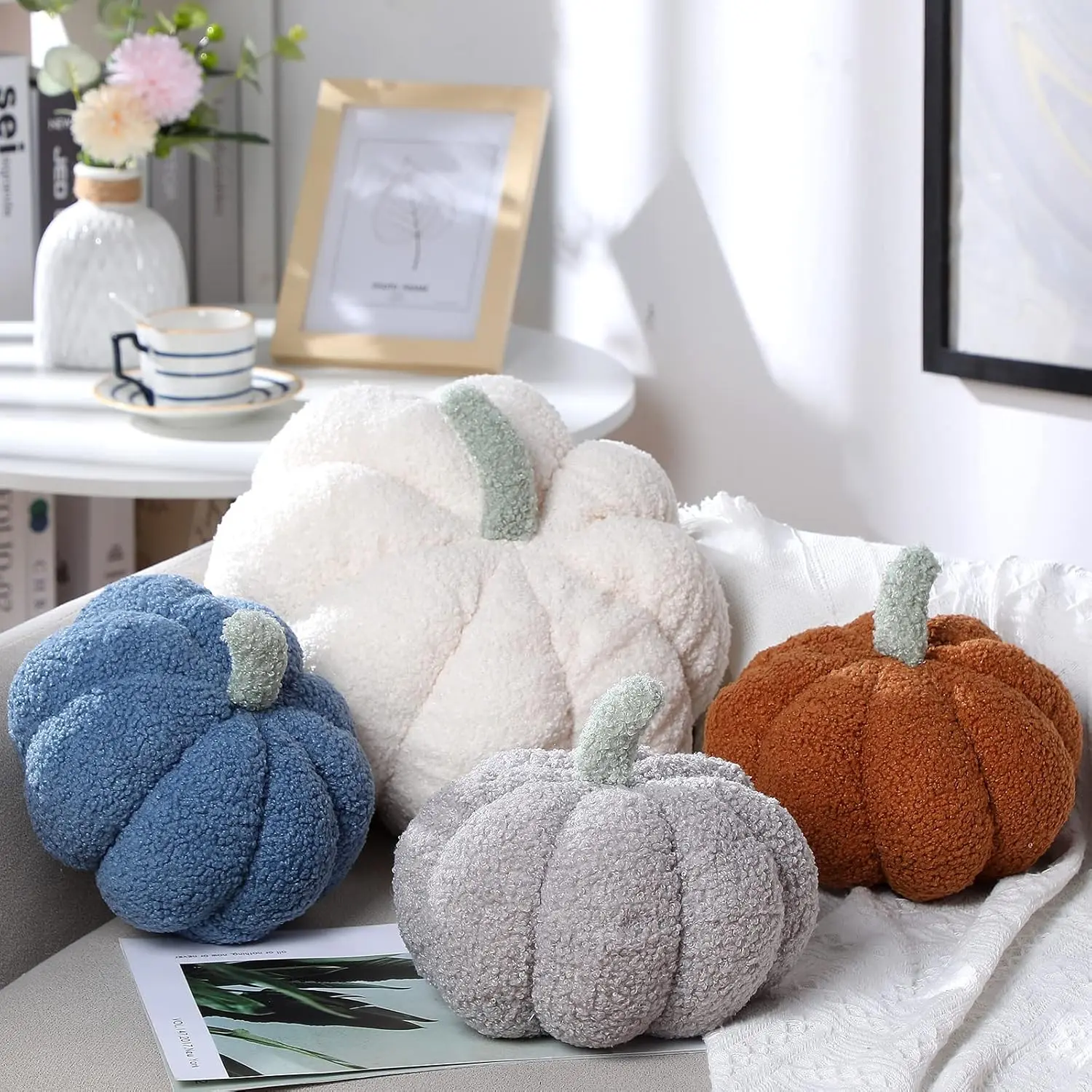 4 count Pumpkin Throw Pillow Cushion 3D Thanksgiving Pillow Fall Pumpkin Pillow Fluffy Stuffed Pillow Plush Pillow for Thanksgiving Bedroom Sofa Supplies 11 Inches, 7 Inches(White, Blue, Gray, Brown)