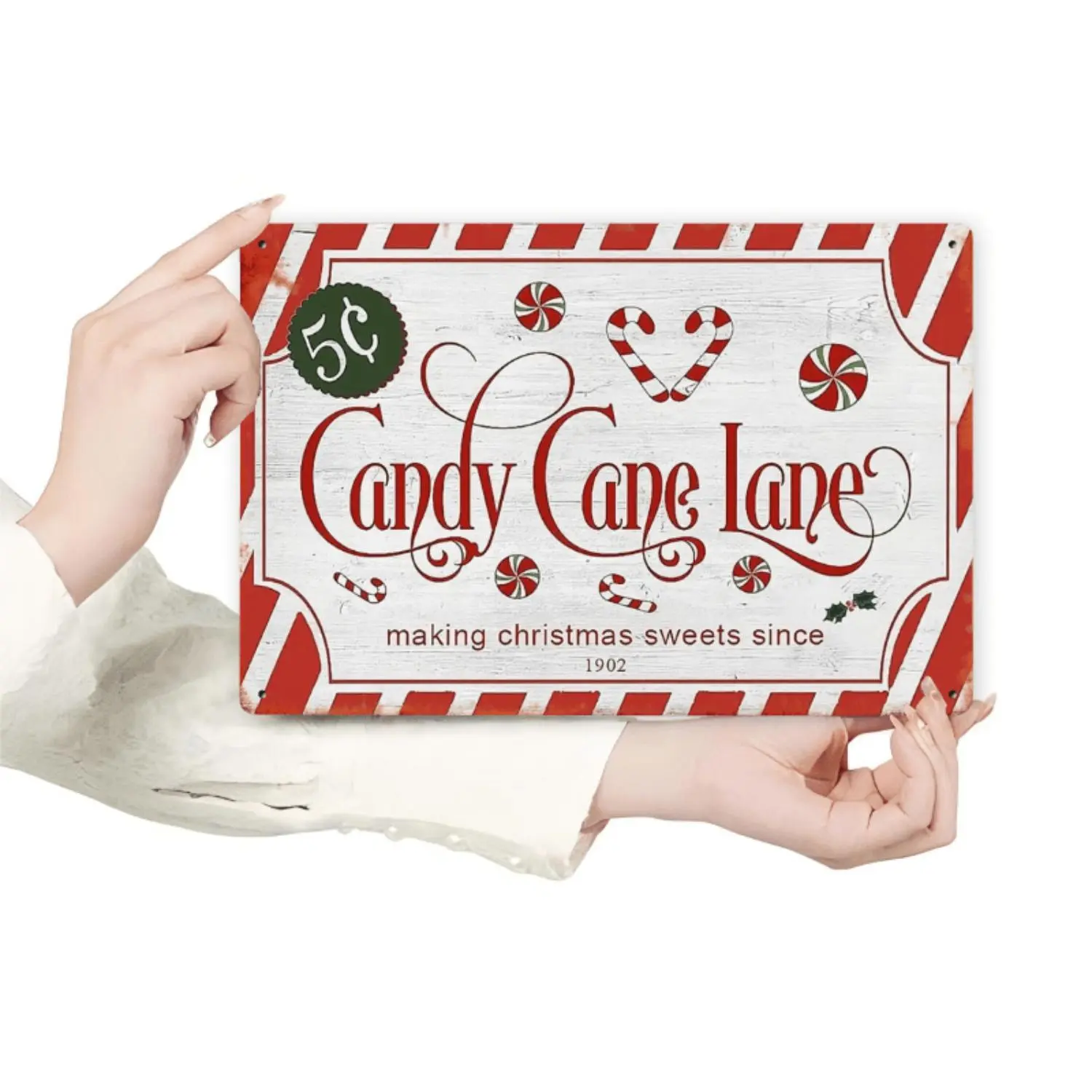 [Vintage Christmas Decoration] 8x12 Inch Rigid PVC Candy Cane Lane Metal Sign, 1pc Retro Iron Poster with Red Stripes, Festive Holiday Plaque for Home & Outdoor Use