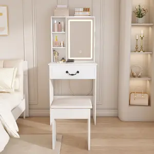 Modern Mini Dressing Table with LED-Lit Mirror & Hidden Storage, Adjustable Brightness Vanity Desk with Multi-Tier Dust-Proof Shelves, Includes Padded Stool for Small Space