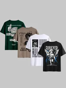 Men's Angel Print Round Neck Fitted T-Shirt Set of 4, Summer Casual Four-Piece Set, Comfortable and Stylish, Perfect for Daily Wear