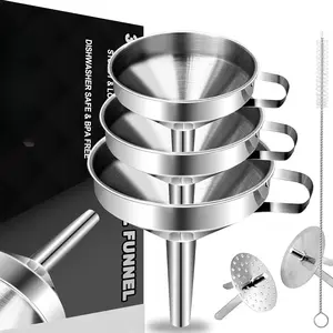 3 Pack Stainless Steel Kitchen Funnel Set, Multi-Use  Metal  Grade Cooking Funnels with 2 Removable Strainer Filter for Transferring Liquid or Dry Ingredients & 1 count Cleaning Brush