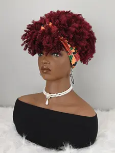 Burgundy Curly Wig with African Print Headwrap, Synthetic Hair, Easy Wear Turban Style, All Seasons, Coily Texture, Afro Wigs