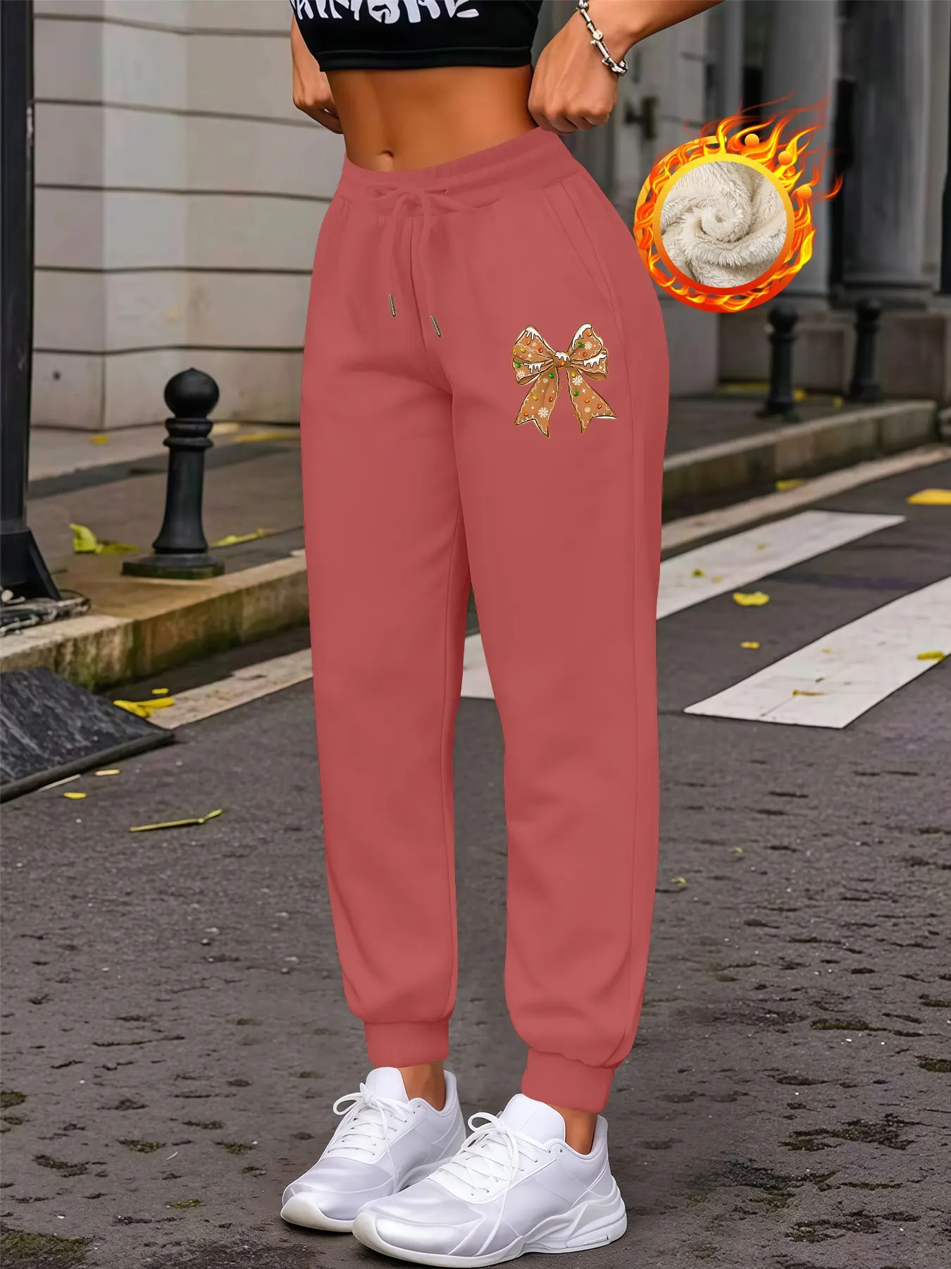 Women's Fashion Casual Long Pants, Drawstring Waist, Fitted Straight Leg, Christmas Bow & Animal Print, Warm Lining, Fall & Winter Wear, Casual Fitted Trousers, Casual Comfy Trousers, Casual Streetwear Trousers