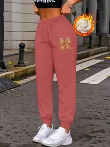 Women's Fashion Casual Long Pants, Drawstring Waist, Fitted Straight Leg, Christmas Bow & Animal Print, Warm Lining, Fall & Winter Wear, Casual Fitted Trousers, Casual Comfy Trousers