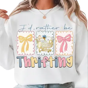 Id Rather Be Thrifting Sweatshirt, Cute Bow Graphic Design, Vintage Lover Aesthetic Style, Thrift Shopping Outfit, Unisex Cozy Wear, Trendy Gift Idea