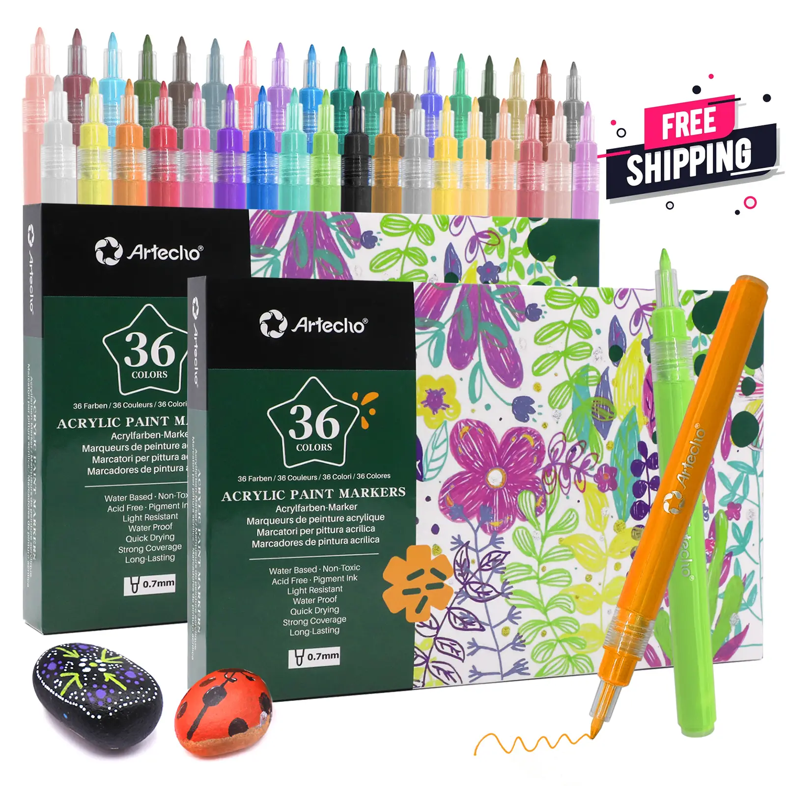 【CLEARANCE SALE】Artecho Extra Fine Tip Paint Pens, Fine Tip Acrylic Paint Markers for Drawing, Coloring, Great Gift for Artist and Beginners