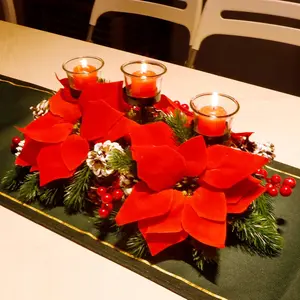 Christmas Poinsettia Centerpiece with 3 Candle Holders, Pinecones, and Red Berries – Holiday Candelabrum, Tabletop Decoration and Display for Christmas Celebrations.