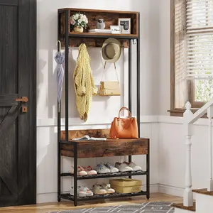 Tribesigns 3-in-1 Entryway Hall Tree with Drawer, Vintage Industrial Coat Rack with Shoe Bench and Hutch, Mudroom Bench with Shoe Storage rack and 9 Hooks forLiving Room, Bedroom, and Entryway, Metal Organiser, Shoe rack organizer
