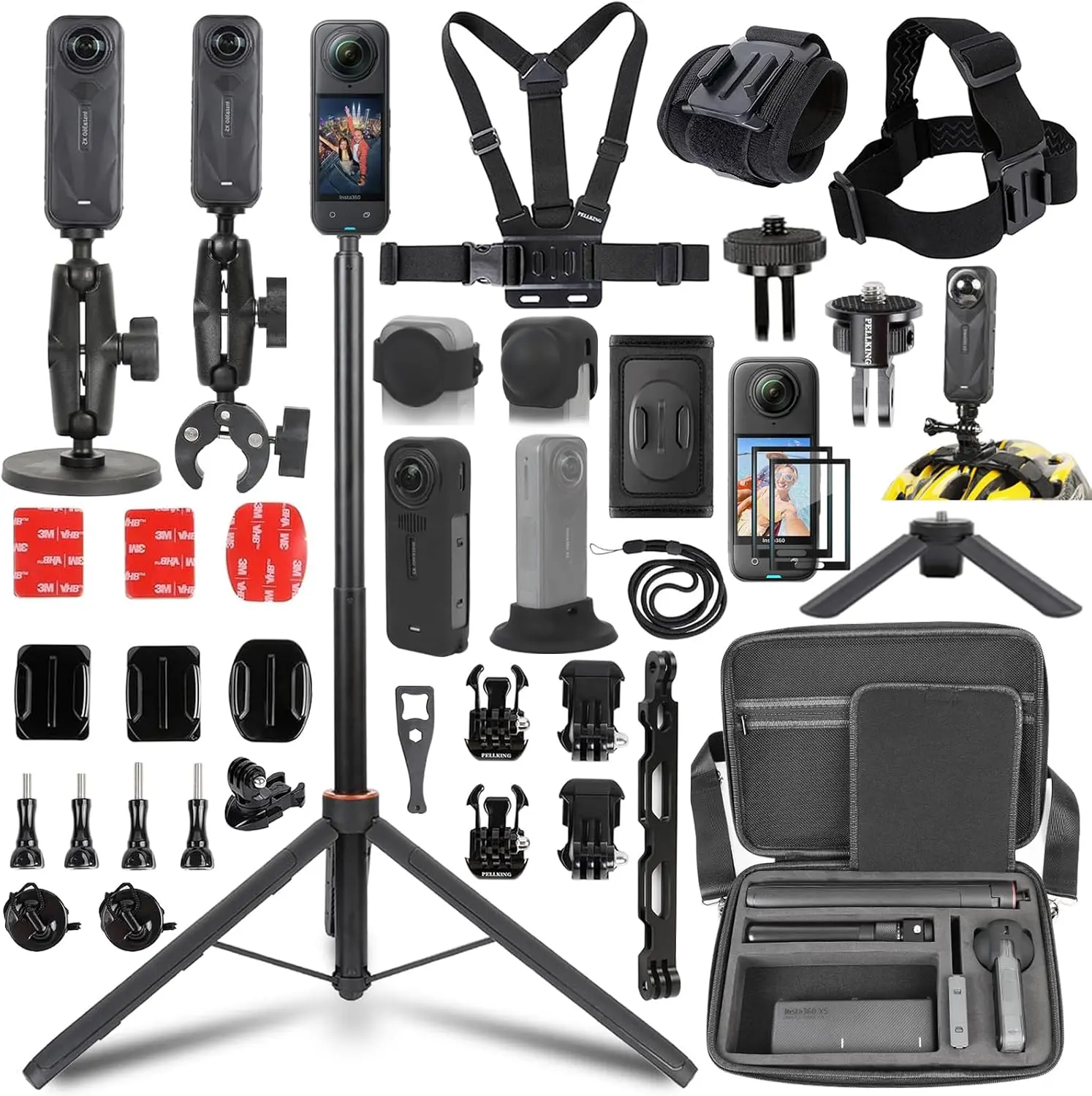 PellKing Full Accessory Kit for Insta360 X5 (for X5 Users) - Splash Resistant, Includes Carrying Case with Belt, 135cm Selfie Stick Tripod, Aluminum Handlebar Clamp, 2 Metal 1/4 Inch Adapters, Magnetic Mount, 4 Body Strap Mounts, Screen Protector & More