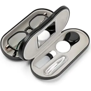 [2025] 2 in 1 Contact Lens and Glasses Case Double Sided Portable Eyeglasses Case with Built-in Mirror Tweezer Remover and Contact Lens Solution Bottle Storage Kit for Travel Outdoors Daily Use