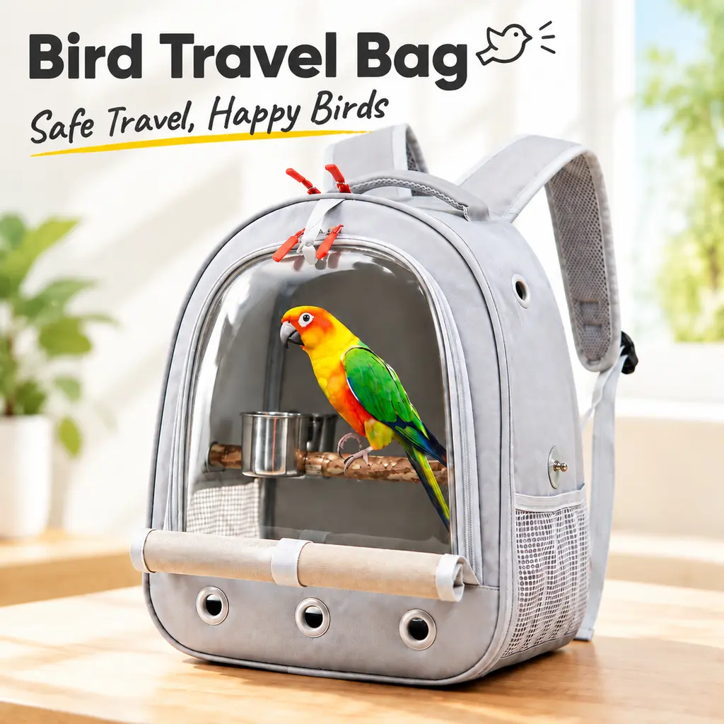 Comiya Bird Carrier Backpack - Transparent Front, Mesh Side Pockets, Adjustable Straps, Ideal for Parrots & Small Birds