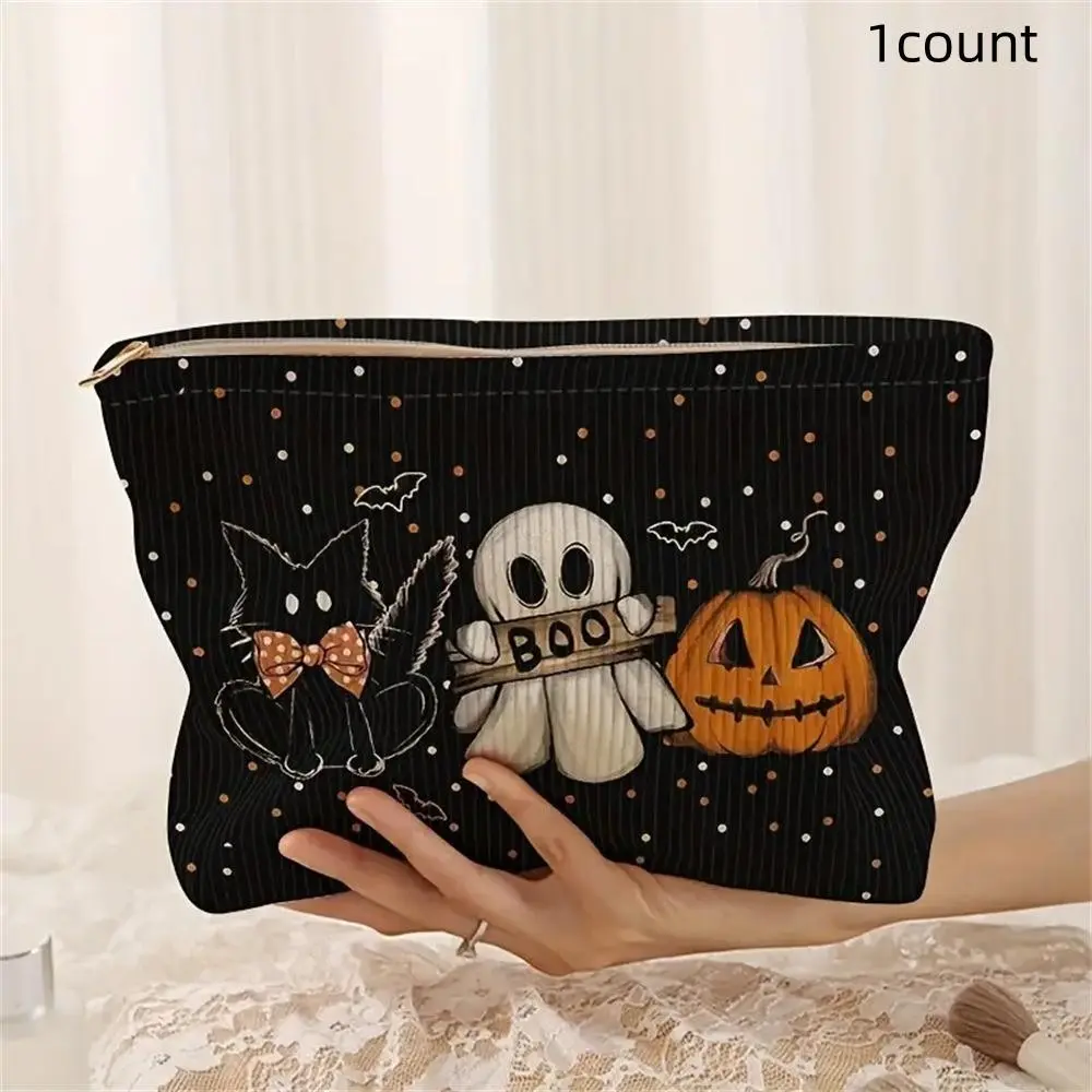 Large Capacity Pumpkin Ghost Pattern Zipper Storage Bag, Fun Lightweight Makeup Pouch, Halloween Party Gift Organizer, Corduroy Material