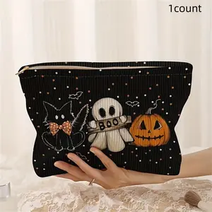 Large Capacity Pumpkin Ghost Pattern Zipper Storage Bag, Fun Lightweight Makeup Pouch, Halloween Party Gift Organizer, Corduroy Material