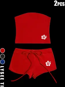 2PCS  Women's Fashion Slim Fit Solid Color Floral Print Two-Piece Set, Casual Style Crop Top, Perfect for Everyday Wear