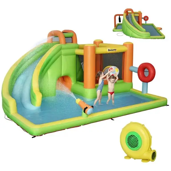 7-in-1 Inflatable Water Slide, Kids Castle Bounce House Includes Slide, trampoline, Pool, Water Cannon, Ball-target, Boxing Post, Tunnel with Carry Bag, Repair Patches, 750W Air Blower, Water Slides, Inflatable Water Park