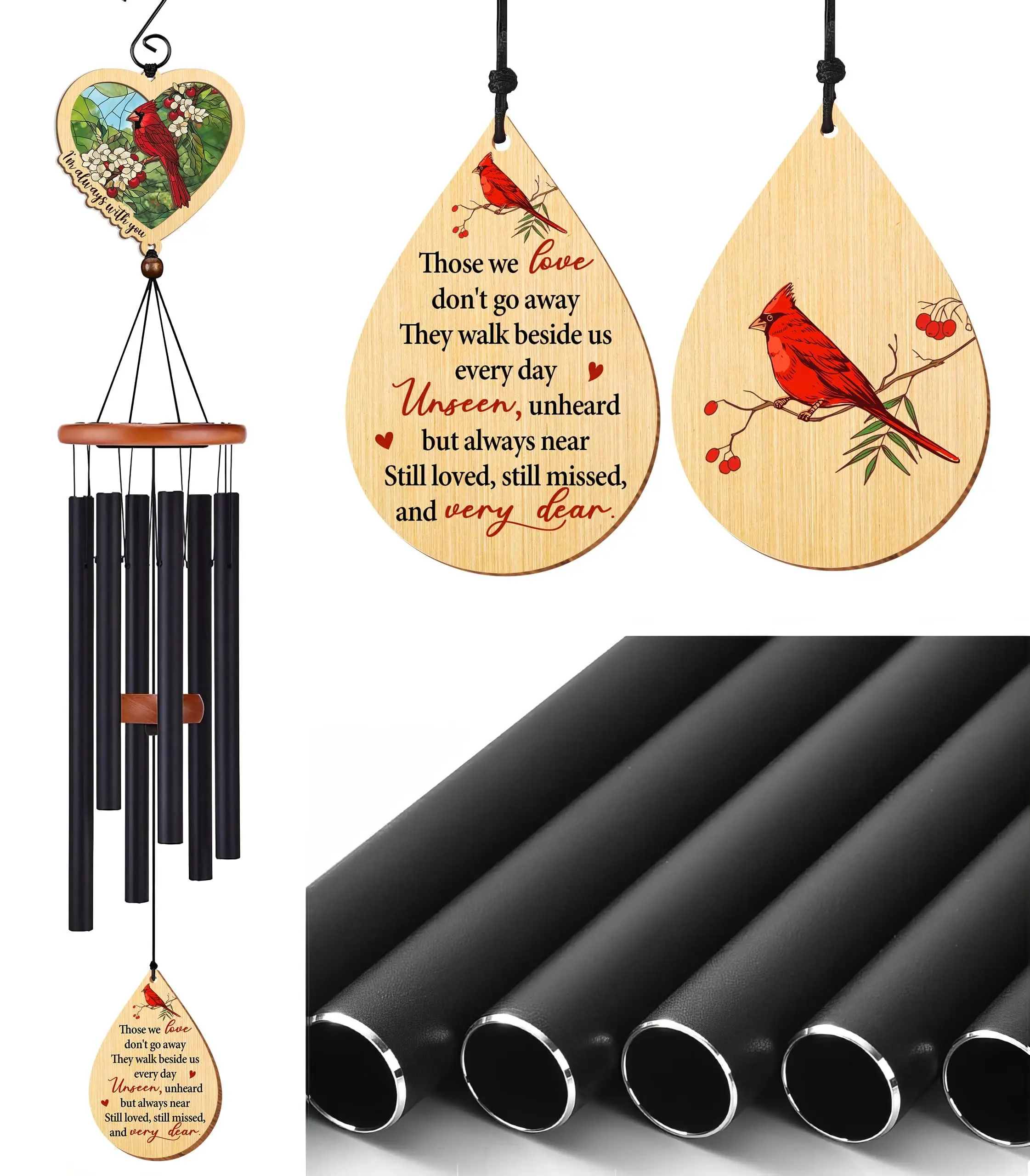 FLAGWIX Black - Cardinal Memory - Wind Chimes - Xmas Gift, Christmas Gift