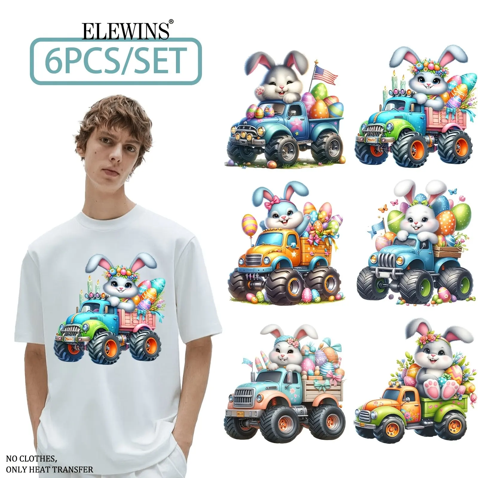 Cute Playful Fun Easter Bunny Riding Monster Truck Iron-On Transfer Stickers, Elewins, Egg, DTF Heat Transfer Vinyl, Unisex Washable DIY Plastic Transfers, Wide Applicability