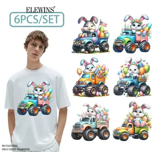 Cute Playful Fun Easter Bunny Riding Monster Truck Iron-On Transfer Stickers, Egg, DTF Heat Transfer Vinyl, Unisex Washable DIY Plastic Transfers