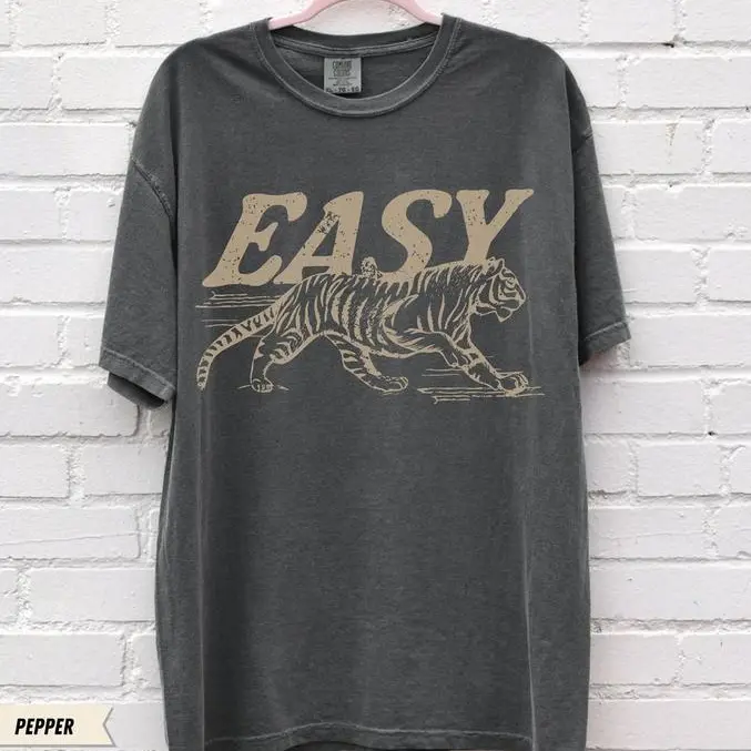 Comfort Colors Easy Tiger T-shirt - Casual Crew Neck, Long Sleeve, Graphic Design, Available in Multiple Colors, Suitable for Men & Women - Top