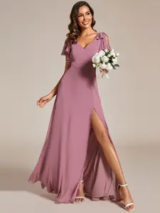 Ever-Pretty  Short Sleeves with Bowknot High Front Slit A-Line Chiffon Bridesmaid Dress 02080