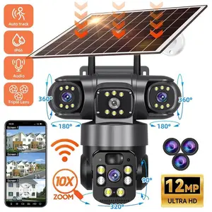 Solar Surveillance Camera 12MP 6K 3 Lens 3 Screens WiFi 4G Outdoor IP PTZ PIR Auto Tracking CCTV Color Night Vision IP66 Camera,for Valentine’s Day Gift