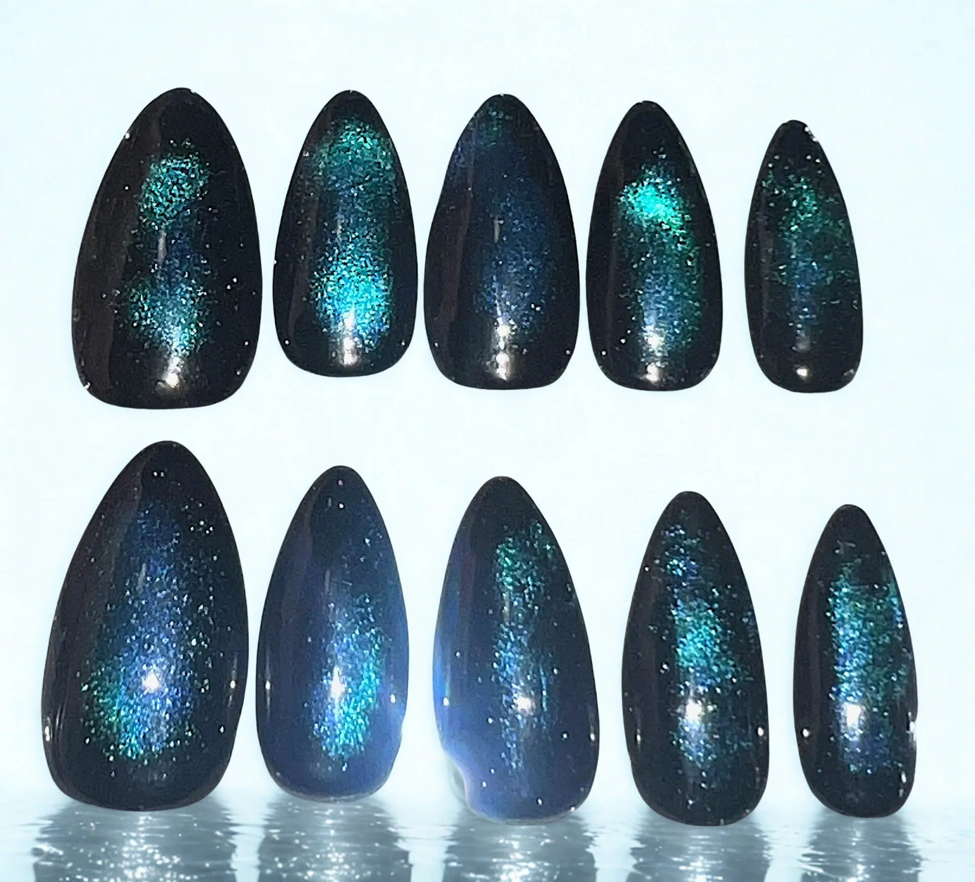 Cosmic Bloom Press-On Nails, Set of 10 Reusable Salon Gel Nail Art with Teal Blooming Cat-Eye, Custom Sizes & Shape, Nail Art Design, Velvet