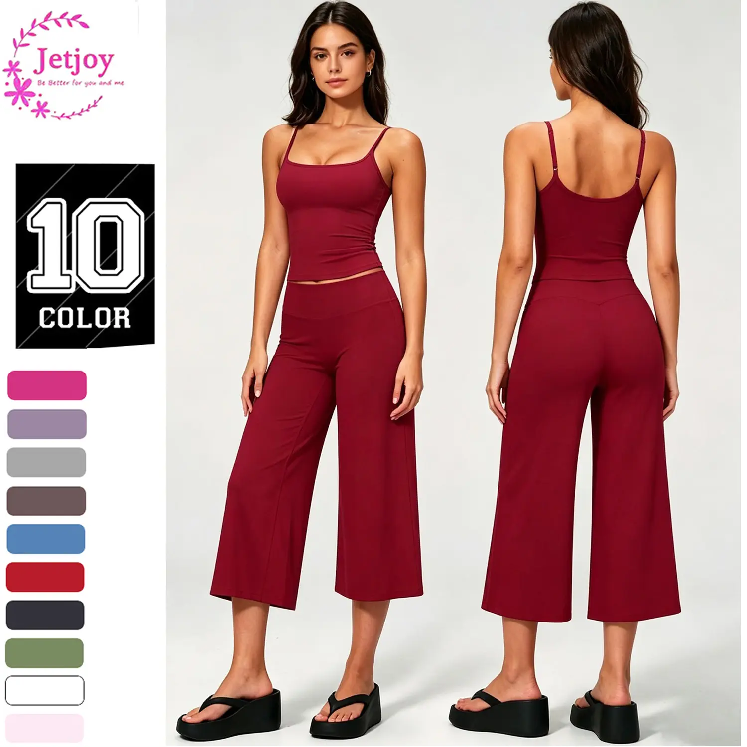Jetjoy Going Out Sets for Women 2 Pieces,  Yoga Tank Top+High Waist Mid-Length Capri straight-leg pants straight-leg Pants Running Yoga Set for Women,  Spaghetti Straps Crop Top Matching Wide Leg Capri Pants Gym Work Pilates Outfits Womenswear Suits