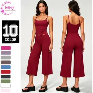 Jetjoy Going Out Sets for Women 2 Pieces,  Yoga Tank Top+High Waist Mid-Length Capri straight-leg pants straight-leg Pants Running Yoga Set for Women,  Spaghetti Straps Crop Top Matching Wide Leg Capri Pants Gym Work Pilates Outfits Womenswear Suits