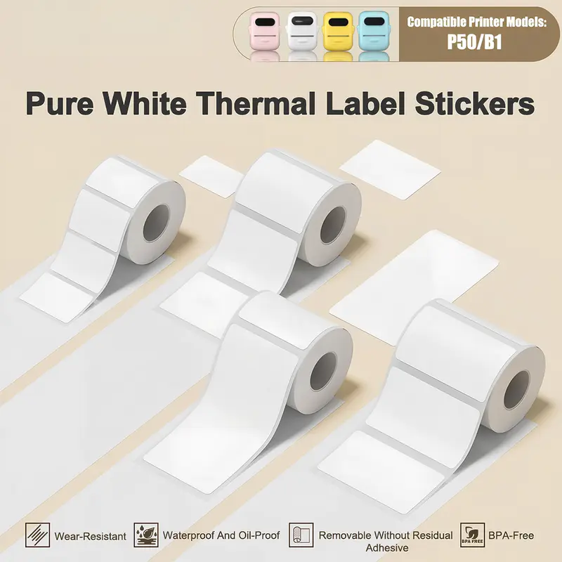 Portable thermal paper, self-adhesive, suitable for use in schools, offices, and homes. Can be used to print clothing labels, spice jar labels, name tags, with a waterproof, oil-resistant, and durable design.