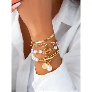 Faux Pearl Decorated Bracelet Set, Casual Jewelry for Women, Trendy All-match & Exquisite Jewelry for Birthday Gift, Bangle Bracelet Set