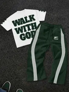 Fashion Street Style Casual Sporty Aesthetics Classic Printed Round Neck Cotton T-Shirt Set with Striped Pants, Summer Two-Piece Outfit, Multiple Colors Available