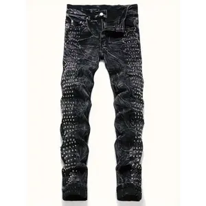 Men's Slim-Fit Rivet-Studded Denim Jeans - Punk Style, Stretch Cotton Blend, Perfect for Nightclubs & Streetwear Menswear Trouser Pants Fabric