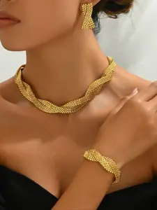 Women's Elegant Hollow Out Chain Design Choker Necklaces & Dangle Earrings & Bracelet, Necklace And Earring Set, Exquisite Trendy Matching Jewelry Set, Fashionable Accessories for Party & Daily Clothing Decor
