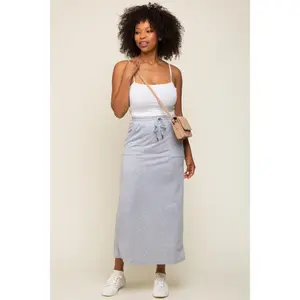 Grey Fleece Drawstring Maxi Skirt