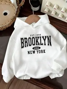 Women's Casual Minimalist New York Brooklyn Print Hoodie, Long Sleeve Fitted Sweatshirt, Fall Winter Fashion, Street Style