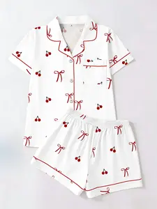Women's Cherry Bow Printed Short Sleeve Shorts Set, Casual Style Fitted Home Wear Loungewear Two-Piece Pajama Suit, All Season Comfortable Sleepwear