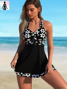 Aura Swim Tummy Control Swimdress - 2026 Black & White Floral, V-Neck Halter Tie-Knot Skirted 1-Piece Swimsuit, Curvy-Friendly Size-Inclusive Full-Coverage Beachwear for Summer Vacations