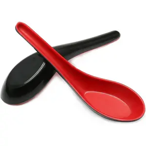 2PCS Red and Black Melamine Asian Soup Spoons for Chinese Japanese Miso Ramen Wonton Dumpling Pho Rice Noodle Soba
