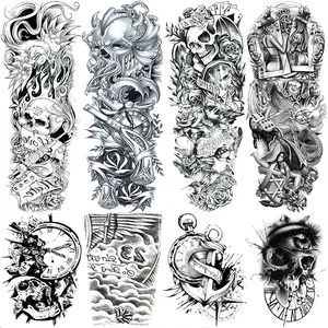 Pirate Skull Temporary Tattoo Sleeves for Men, 4-Sheet Full Arm Large Flower Skeleton Octopus Fake Tattoo Sleeve Adult Women and 4-Sheet Black 3D Anchor Clock Eye Half Temp Tatoo Sticker Leg Body Art