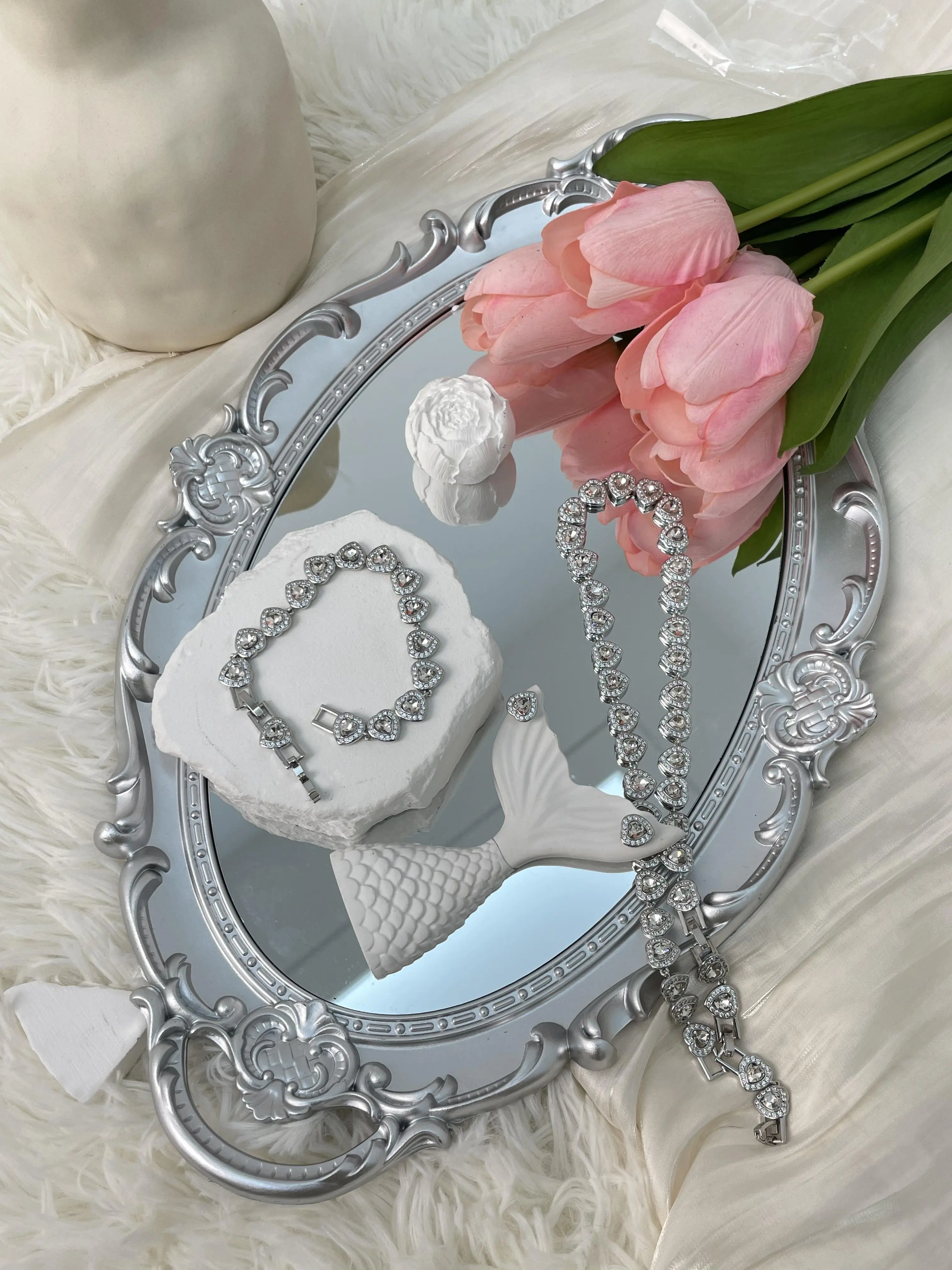 Female Adults' Elegant Silver-Tone Prong-Set Heart Jewelry Set - Sparkling Heart Link Necklace, Adjustable Bracelet - Classic Accessory for Anniversary, Birthday Events, Secure Prongset