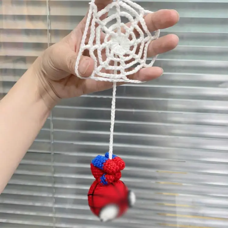 Handmade crochet car rearview mirror hanging accessory – Cute spider design – Crochet spider on a web-like cord – Perfect for Halloween or back-to-school gifting.