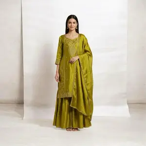 Garara Set Soft Shiny Chinnon Perfect for Any Occasion Party Wear Ethnic Collection Yellow Top & Skirt Ensemble Asian Suits