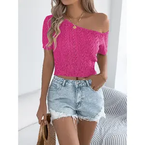 Women'S Plain Hollow Out Asymmetrical Neck Knitted Pullover, Casual Short Sleeve Crop Jumper, Fashion Women'S Knitwear For Daily Wear, Tops