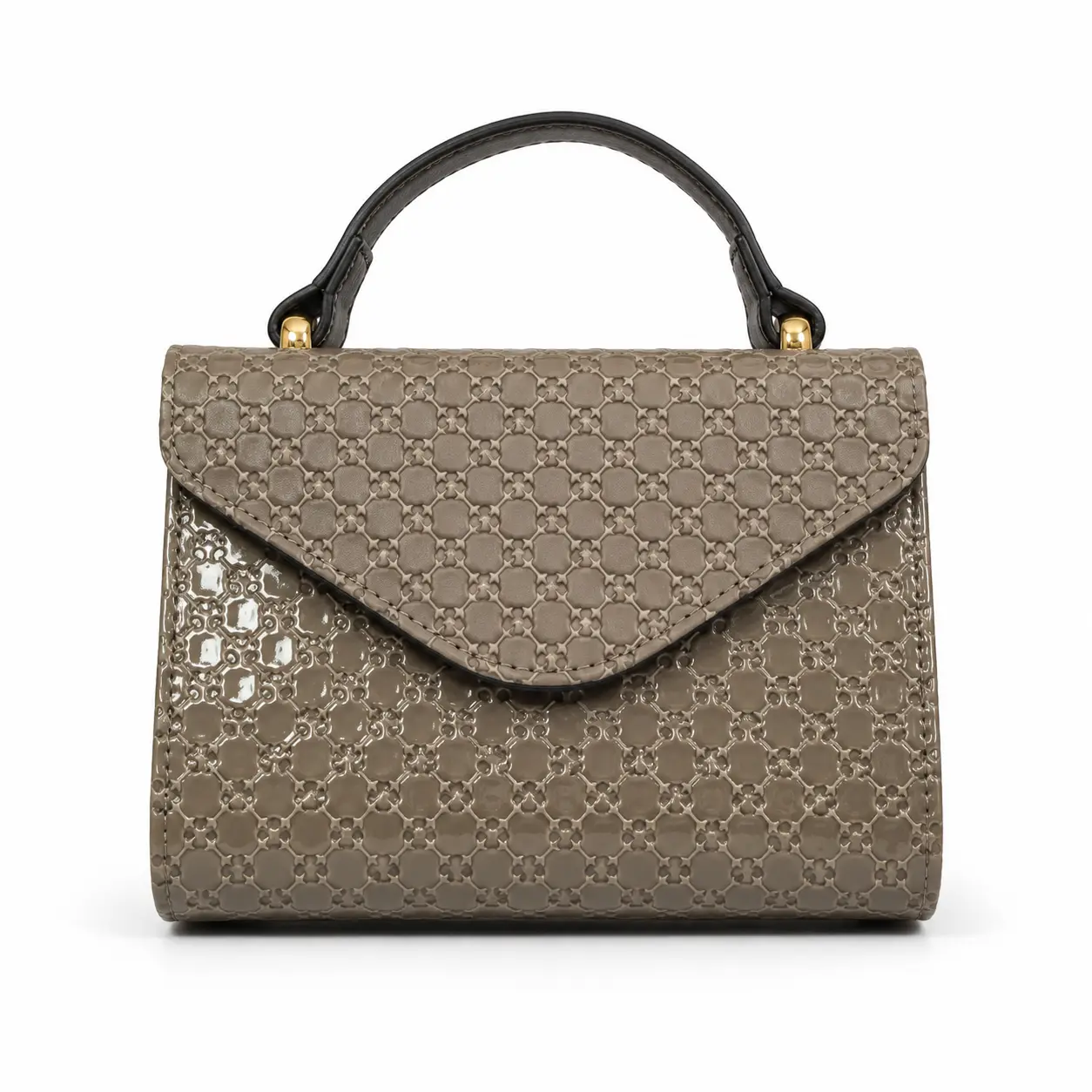 Women’s Elegant Lightweight PU Leather Taupe Gray Embossed Top Handle Structured Satchel Handbag - Glossy Geometric Texture, Envelope Flap, Gold-Tone Hardware for Business, Brunch, Top Handle Bag, Embosed Geo