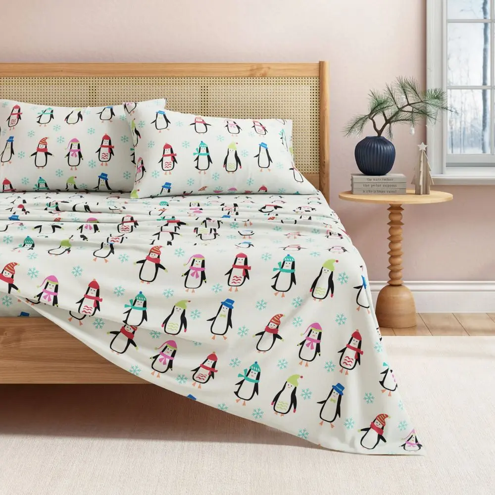 100% Cotton Christmas Flannel Sheet Set - Great Bay Home (King Penguins)