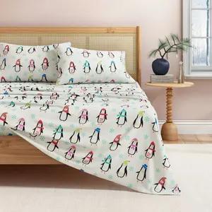 100% Cotton Christmas Flannel Sheet Set - Great Bay Home (King, Penguins)