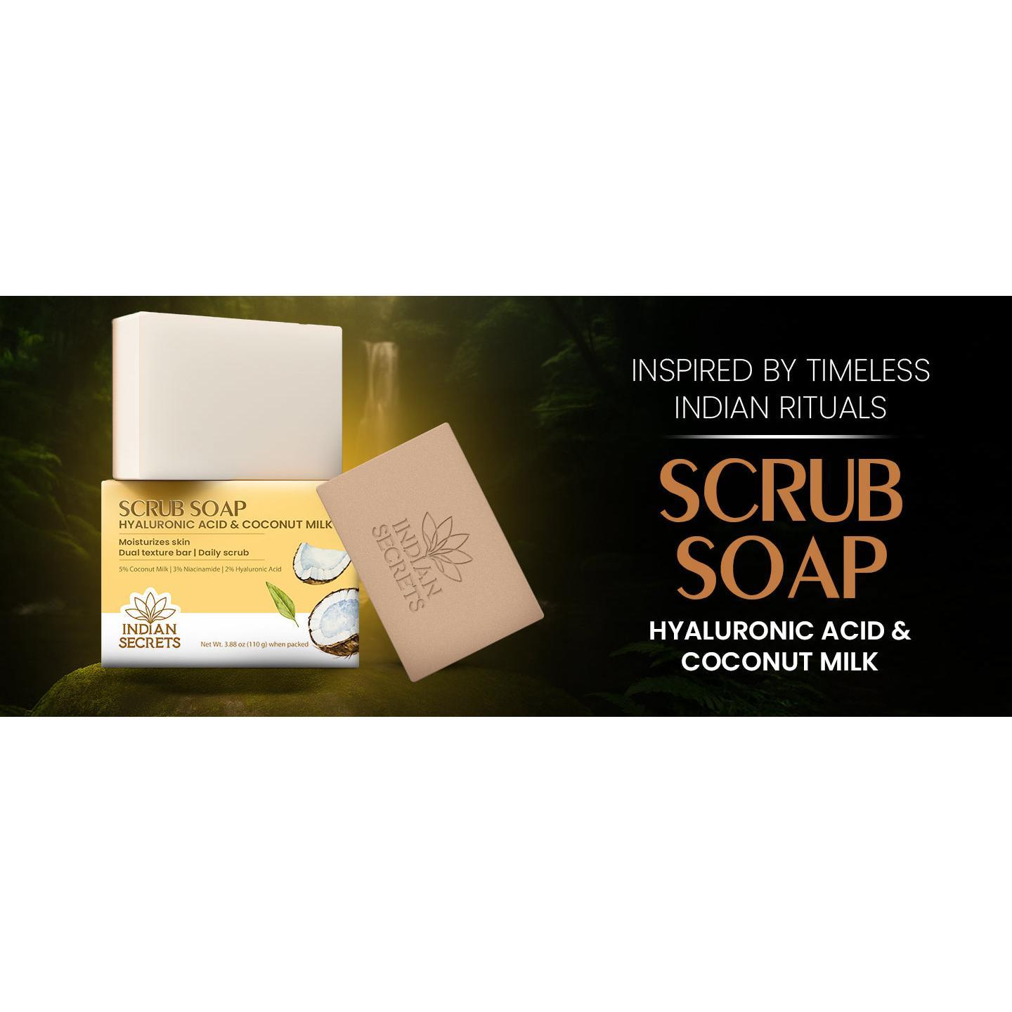 Indian Secrets Scrub Soap Hyaluronic Acid & Coconut Milk (Pack of 3) Indian Secrets Scrub Soap Hyaluronic Acid & Coconut Milk (Pack of 3)