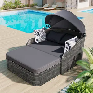 Outdoor Patio Sunbed Daybed with Adjustable Canopy,PE Wicker Rattan Daybed Double Chaise Lounger with Cushions and Pillows for Garden, Backyard