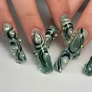 Sage Green Marble Press On Nails – Pearl Swirl Chrome Nails – Luxury Emerald Aura Handmade False Nails