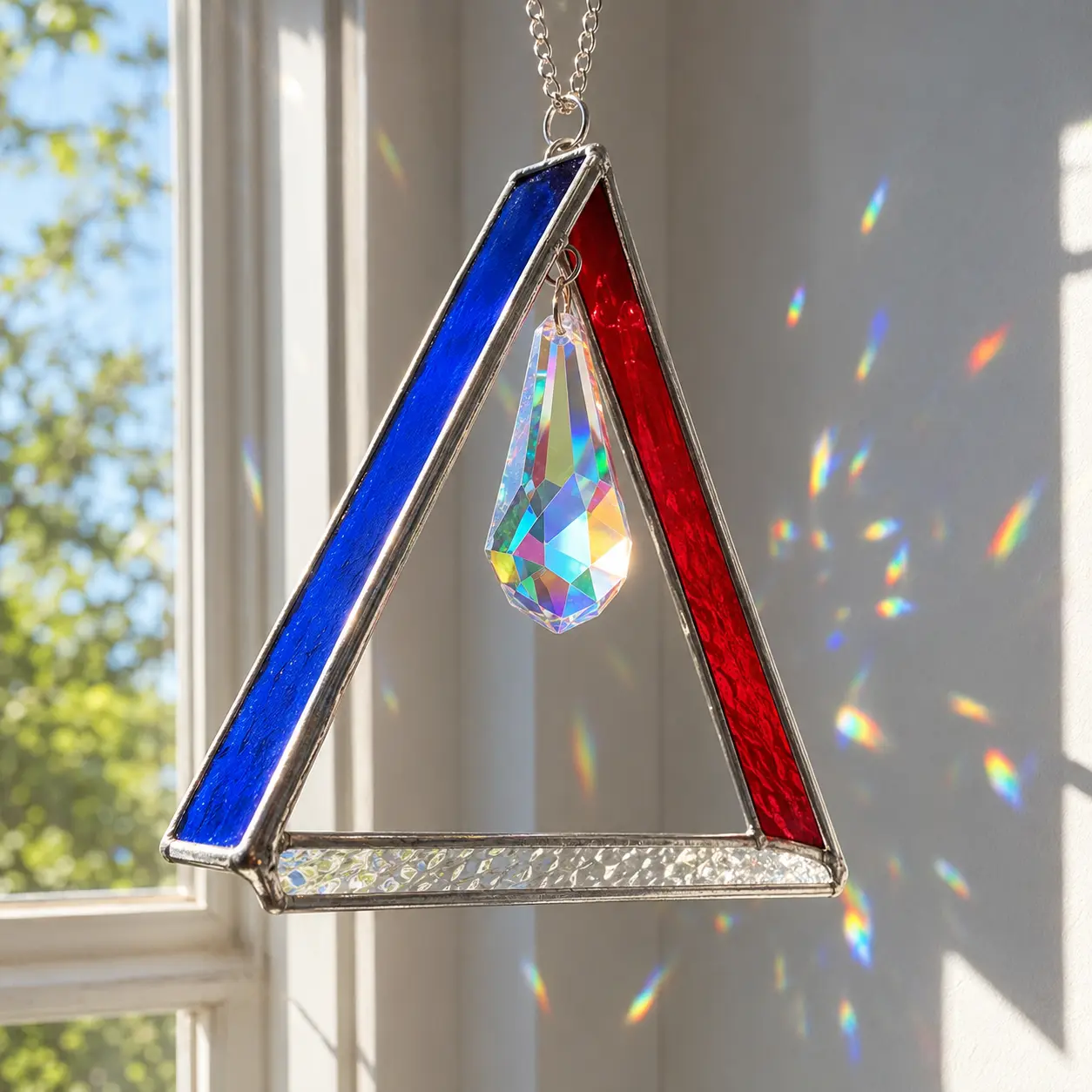 Triangle Stained Glass Suncatcher with Rainbow Crystal Prism & Hues, Natural Light Window Hang Ornament, Fall Home Decor, Housewarming Gift for Stained Glass Lovers butterfly decorations